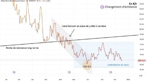 Latéralisation du cours du blé meunier sur Euronext depuis septembre en contrat continu Latéralisation du cours du blé meunier sur Euronext depuis septembre en contrat continu